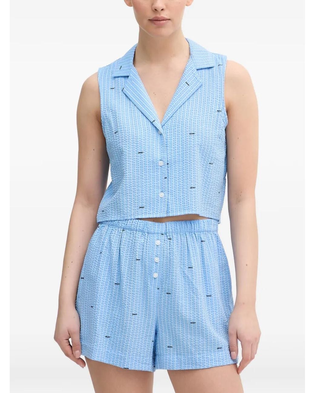 DKNY Blue Pyjama À Logo Imprimé En Seersucker