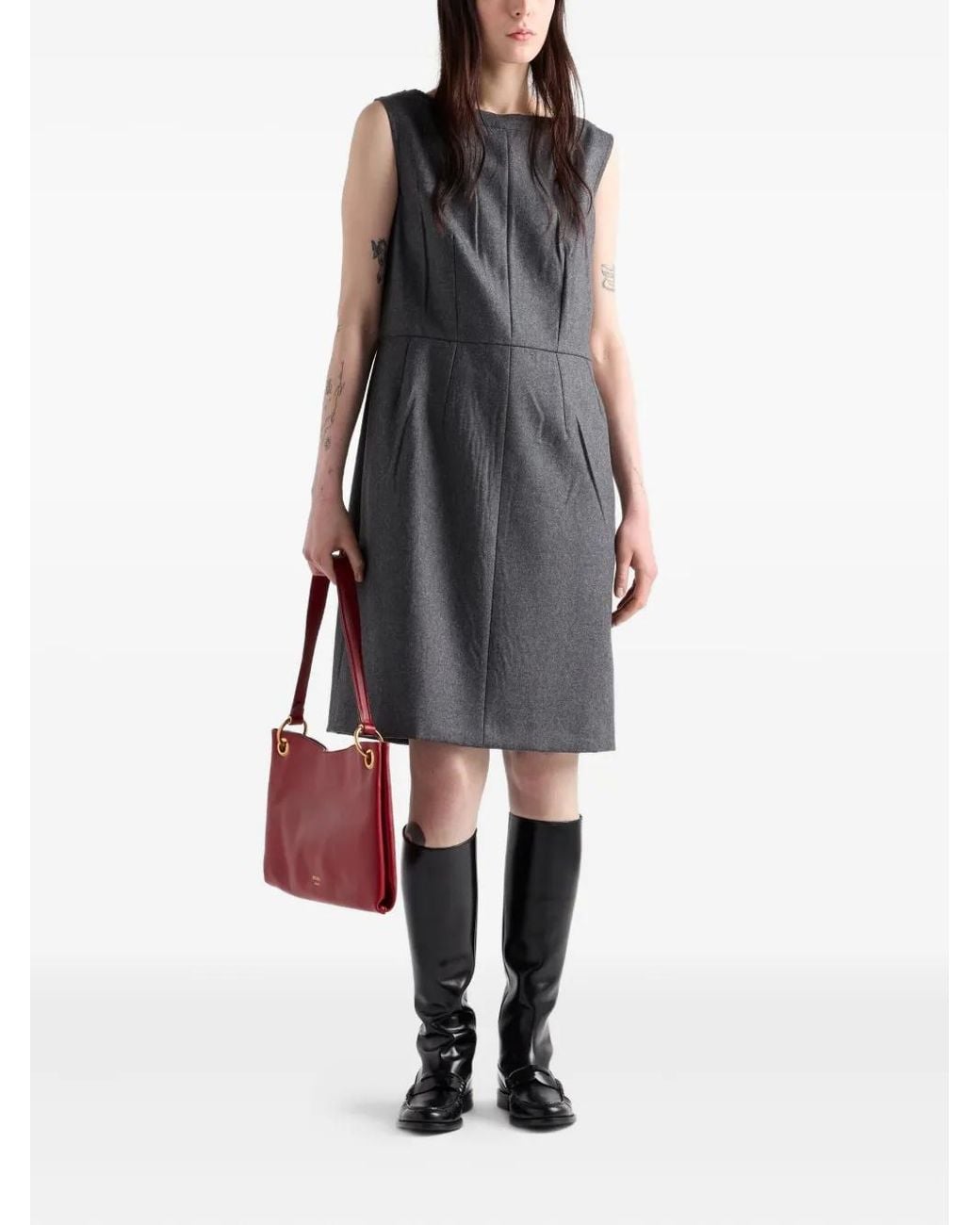 Prada Gray Boat-Neck Flannel Midi Dress