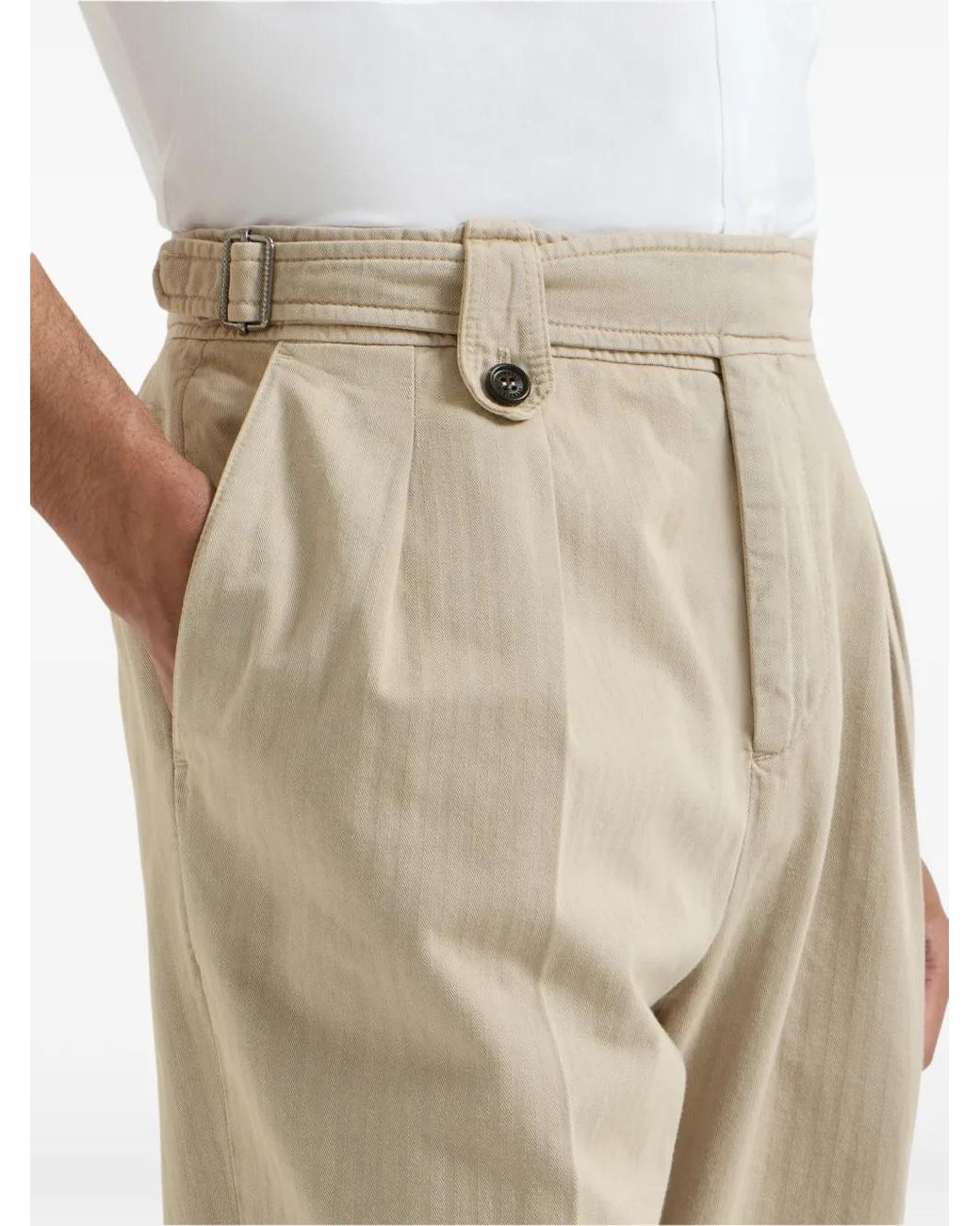 Brunello Cucinelli Natural Cotton Chevron Trousers With Double Pleats And Waist Tabs for men