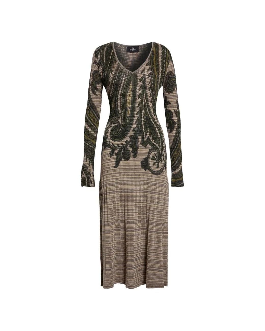 Etro Natural Paisley-Print Pleated Midi Dress