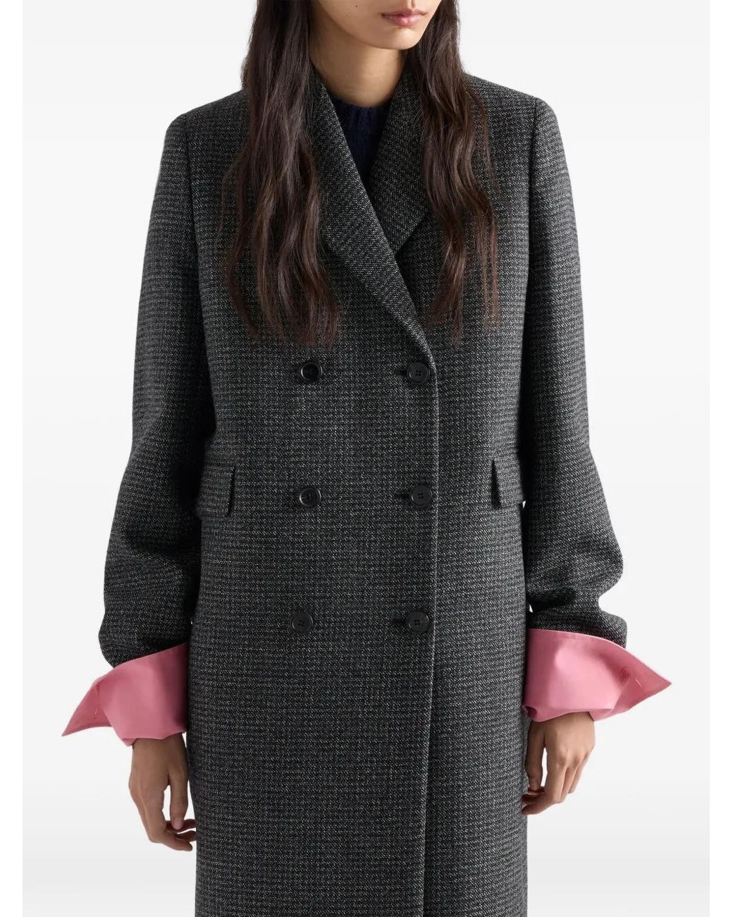Prada Black Double-Breasted Gingham-Checked Mouliné Wool Coat