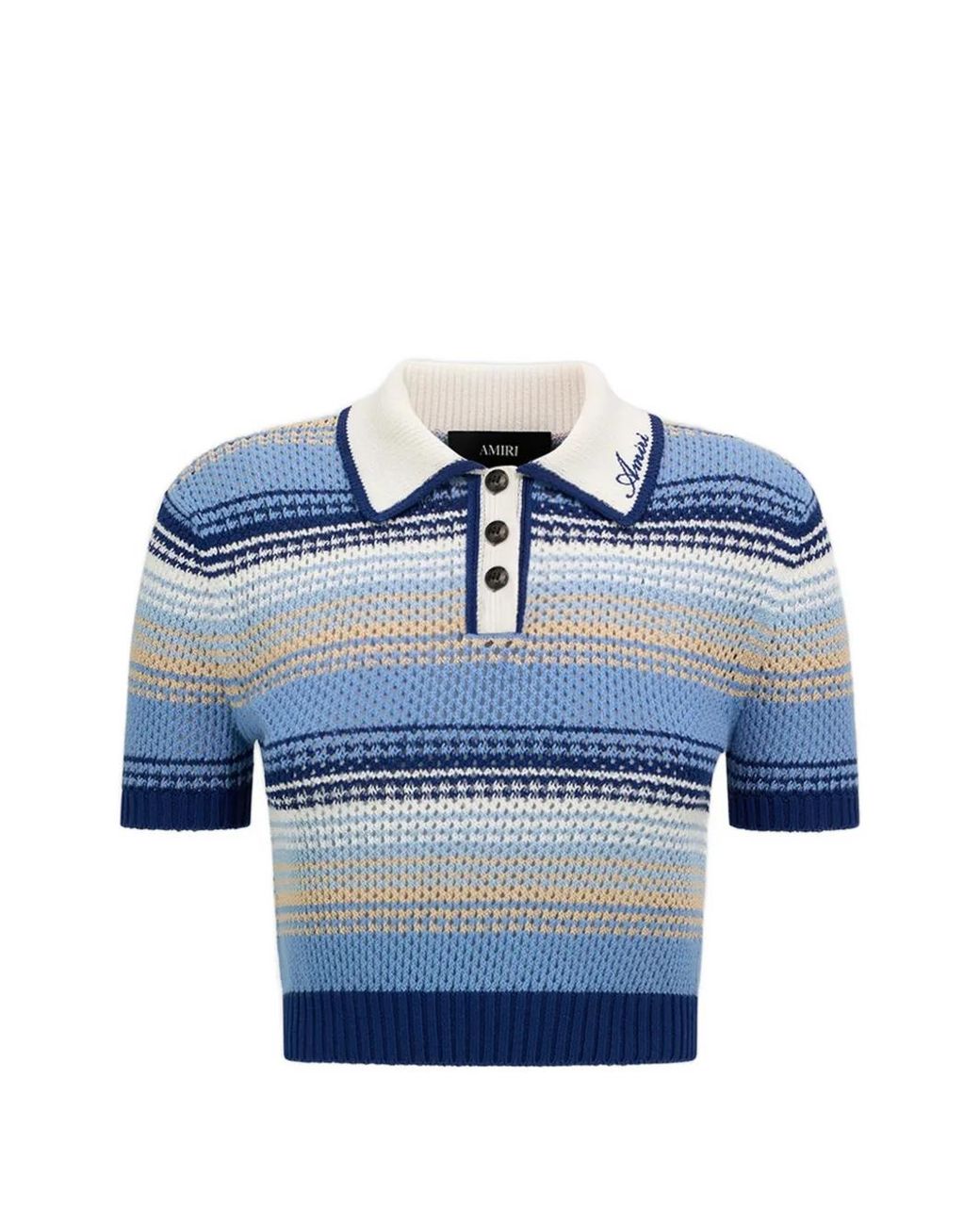 Amiri Blue Striped Crochet Mesh Polo Shirt