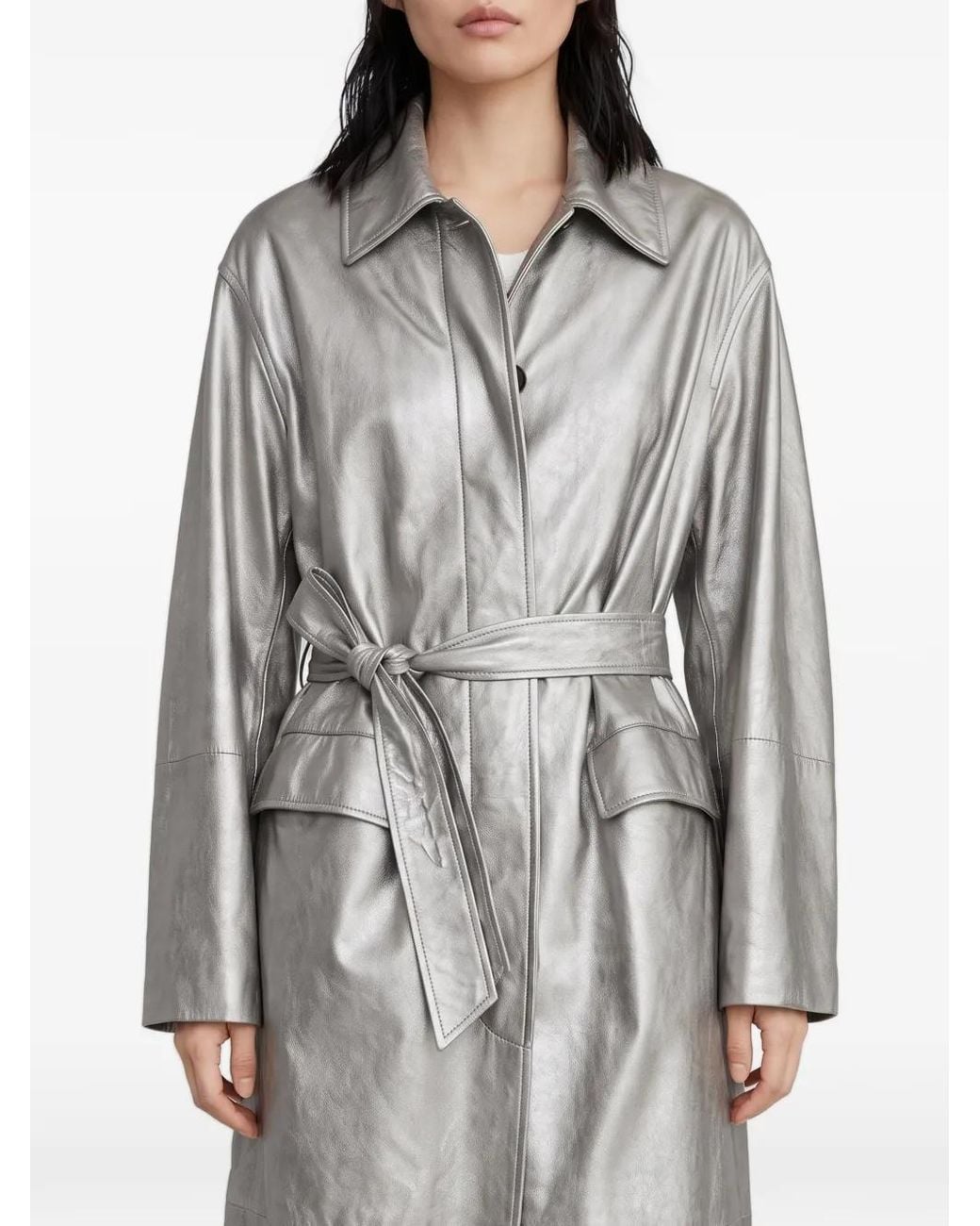 Brunello Cucinelli Gray Belted Metallic Leather Coat