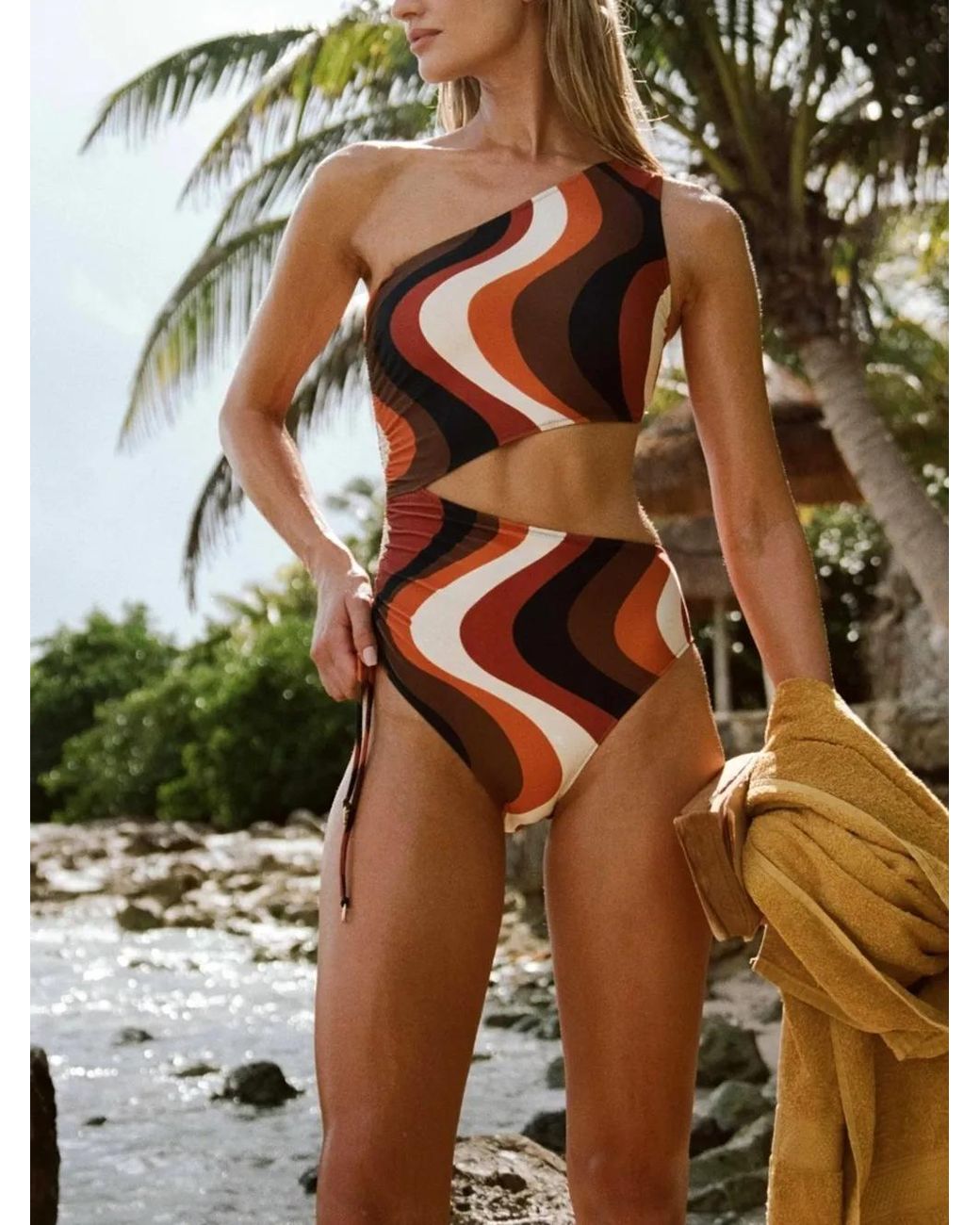 DAZE DAYZ White Sunset Wave One-Shoulder Cutout Swimsuit