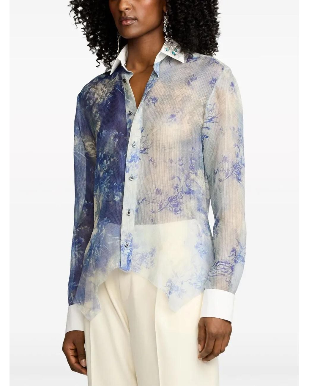 Ralph Lauren Blue Nancie Floral-Print Silk Shirt