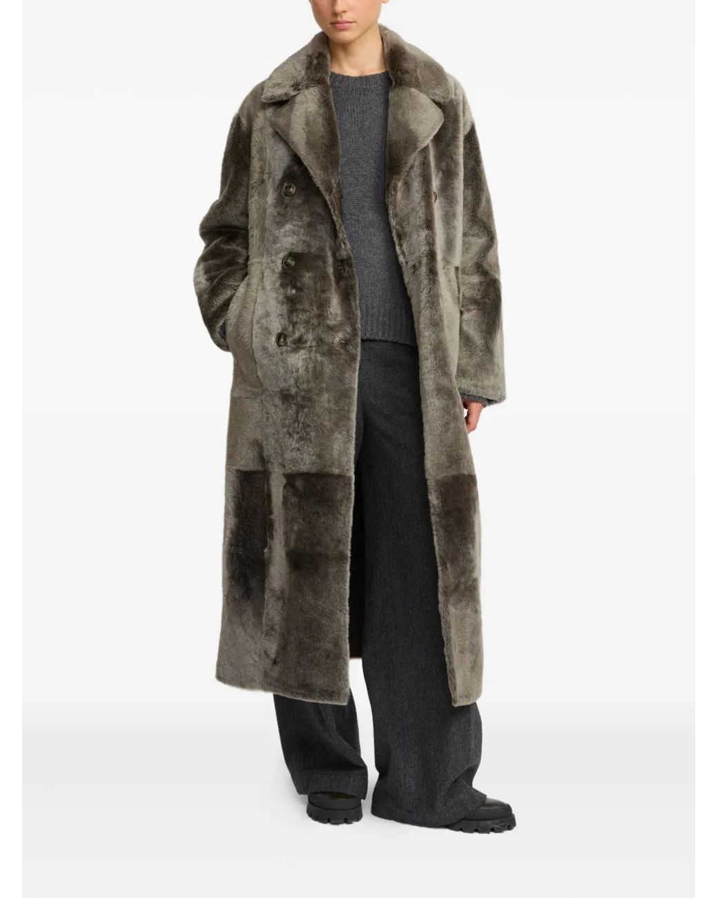 Yves Salomon Gray Double-Breasted Patchwork Coat