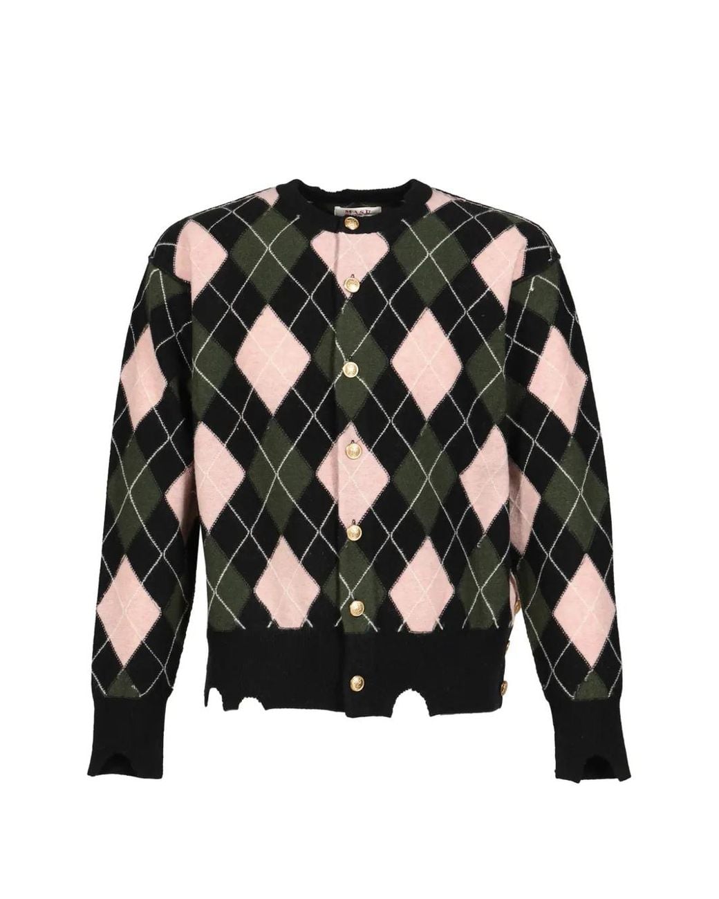 MASU Black Argyle Distressed Cardigan for men