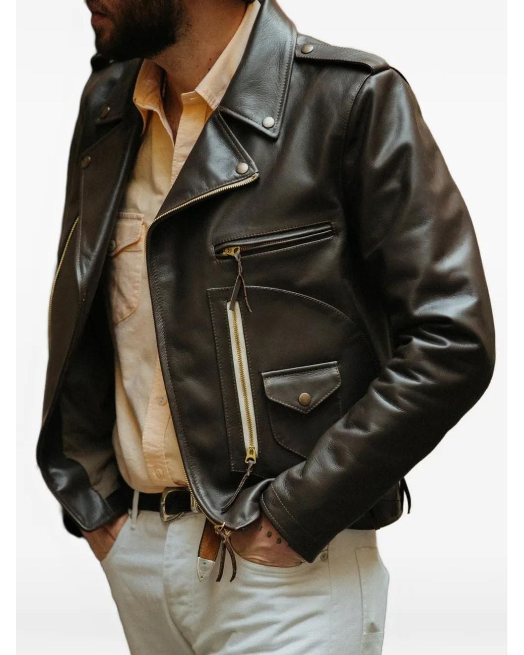 Fortela Brown Asymmetrical-Zip Leather Jacket for men