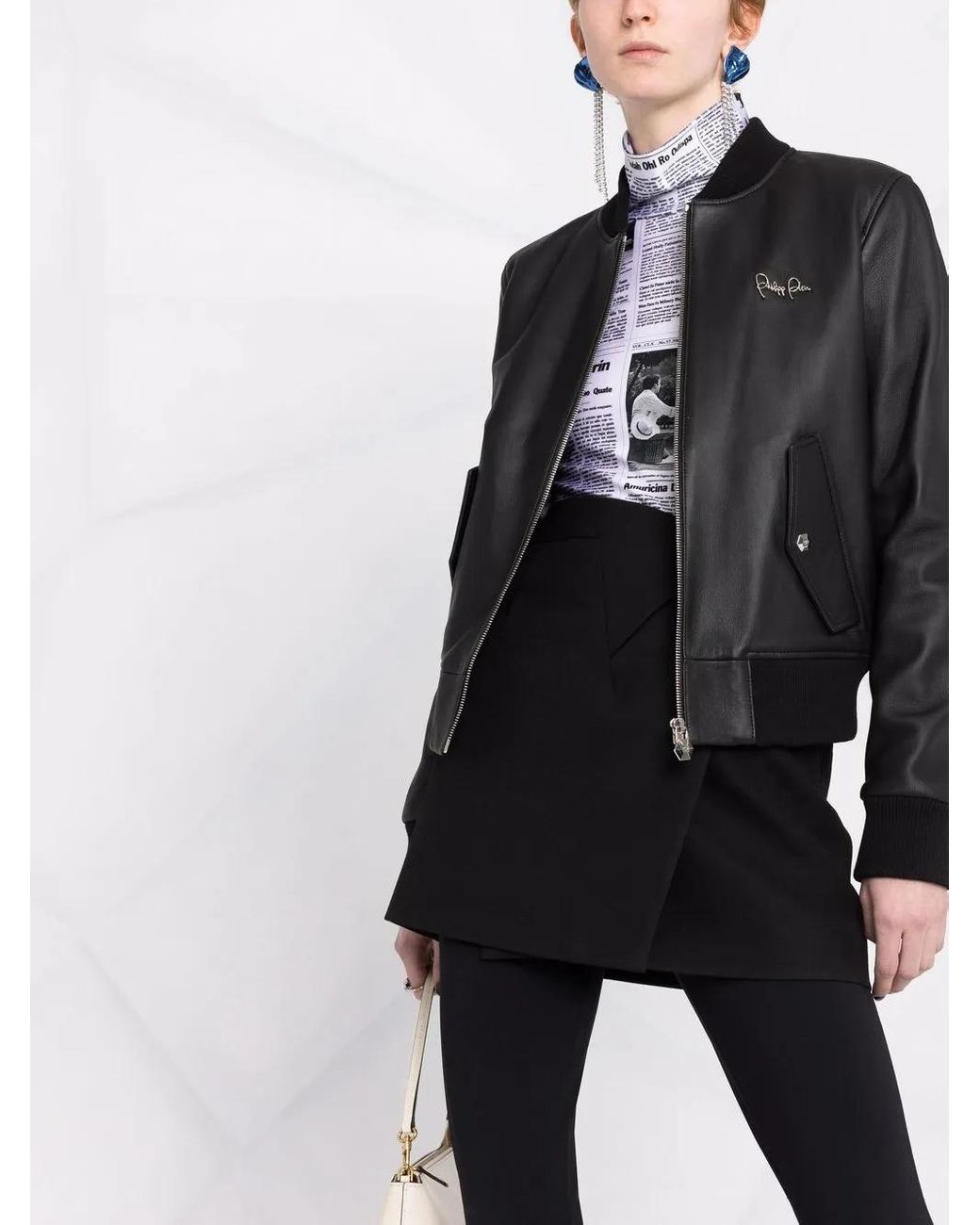 Philipp Plein Black Leather Bomber Jacket