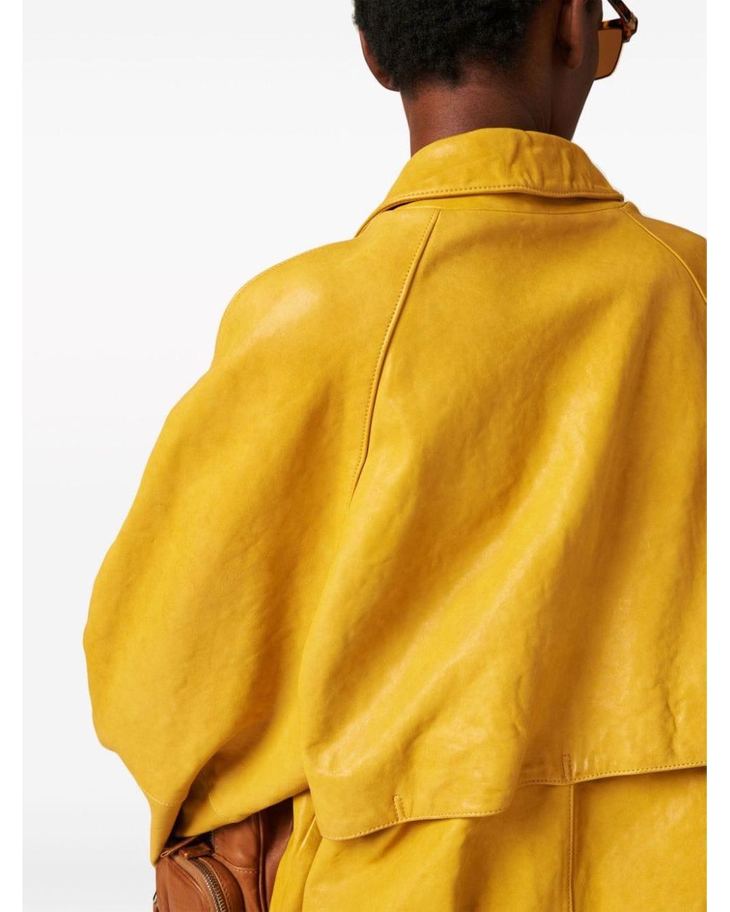 Miu Miu Logo-Appliqué Leather Jacket in Yellow | Lyst