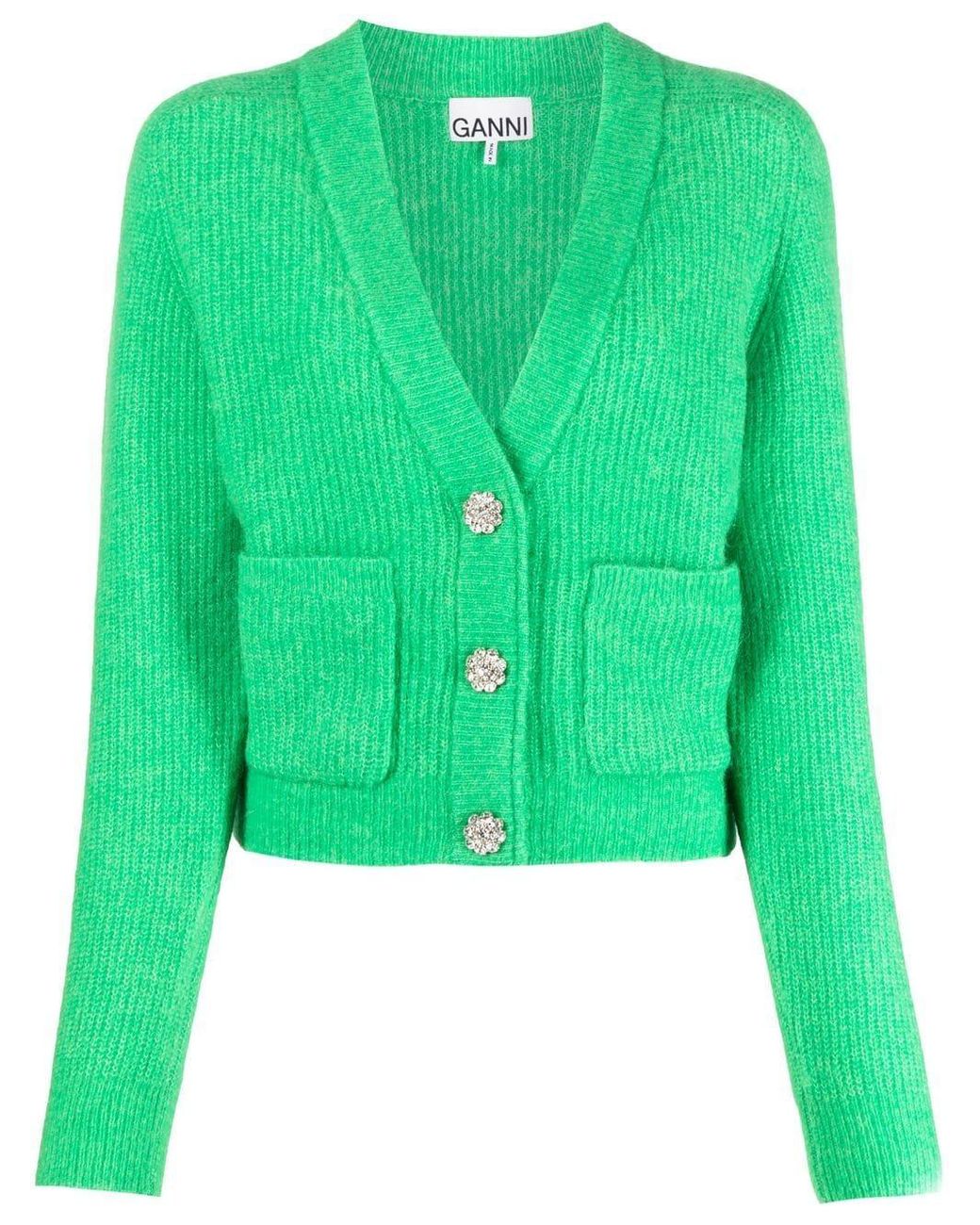 Ganni Wool Ribbed-knit V-neck Cardigan in Green | Lyst