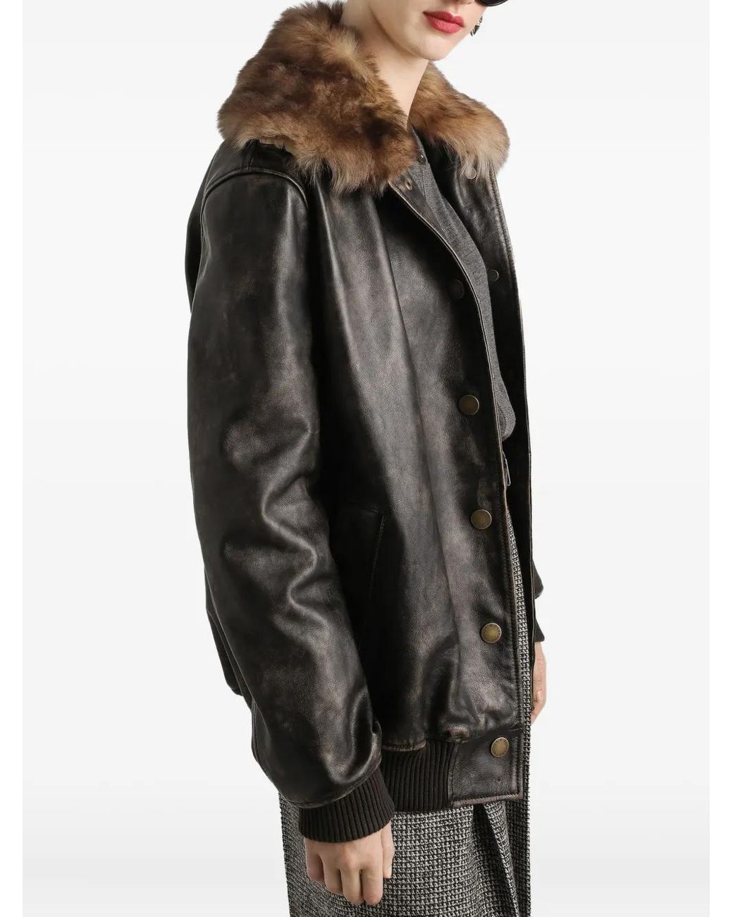 Dolce & Gabbana Black Shearling-Trimmed Leather Bomber Jacket