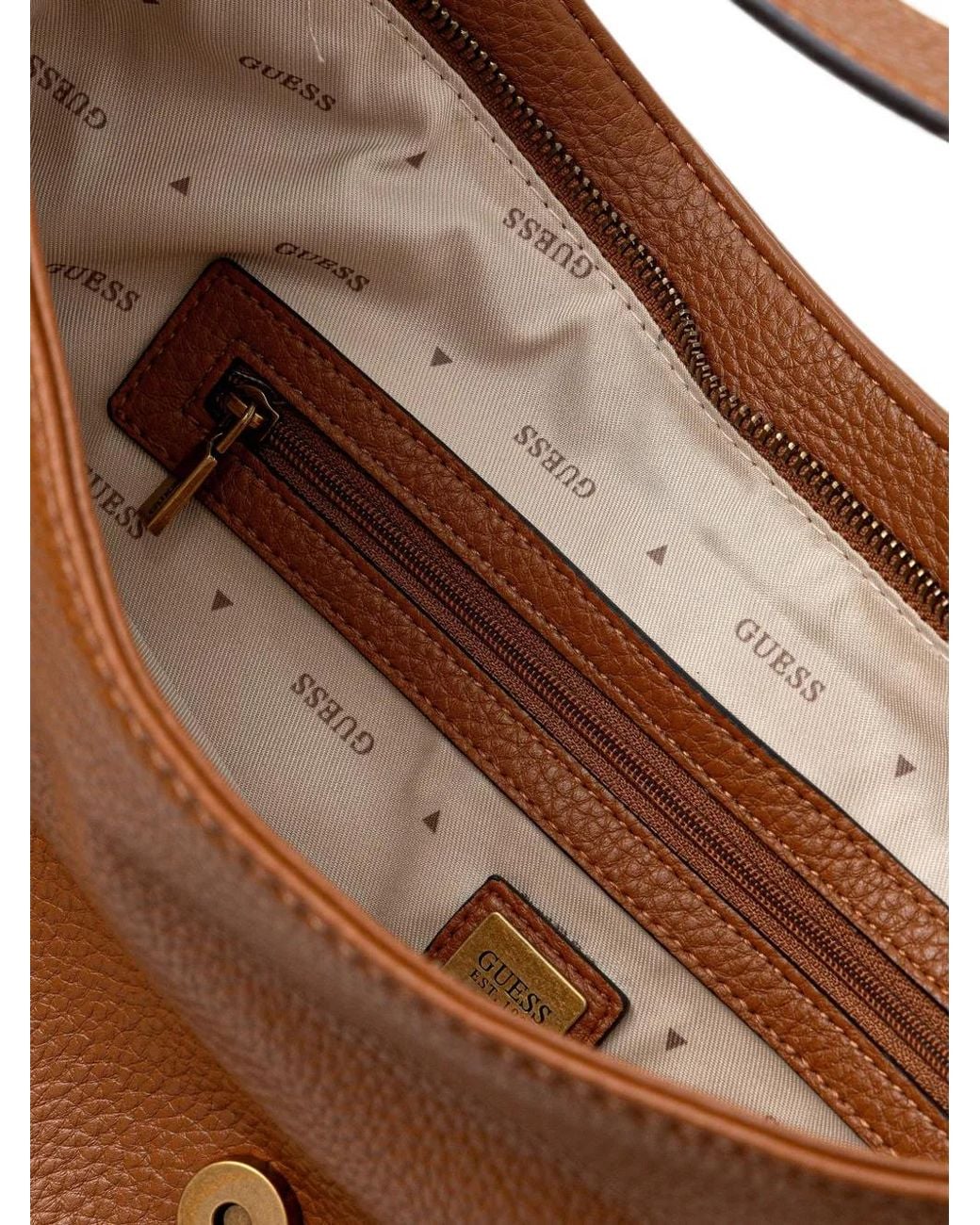 Guess Brown Medium Camden Logo-Plaque Pebbled Shoulder Bag