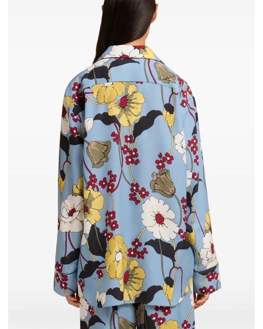 Marni Blue Floral-Print Long-Sleeve Satin Shirt