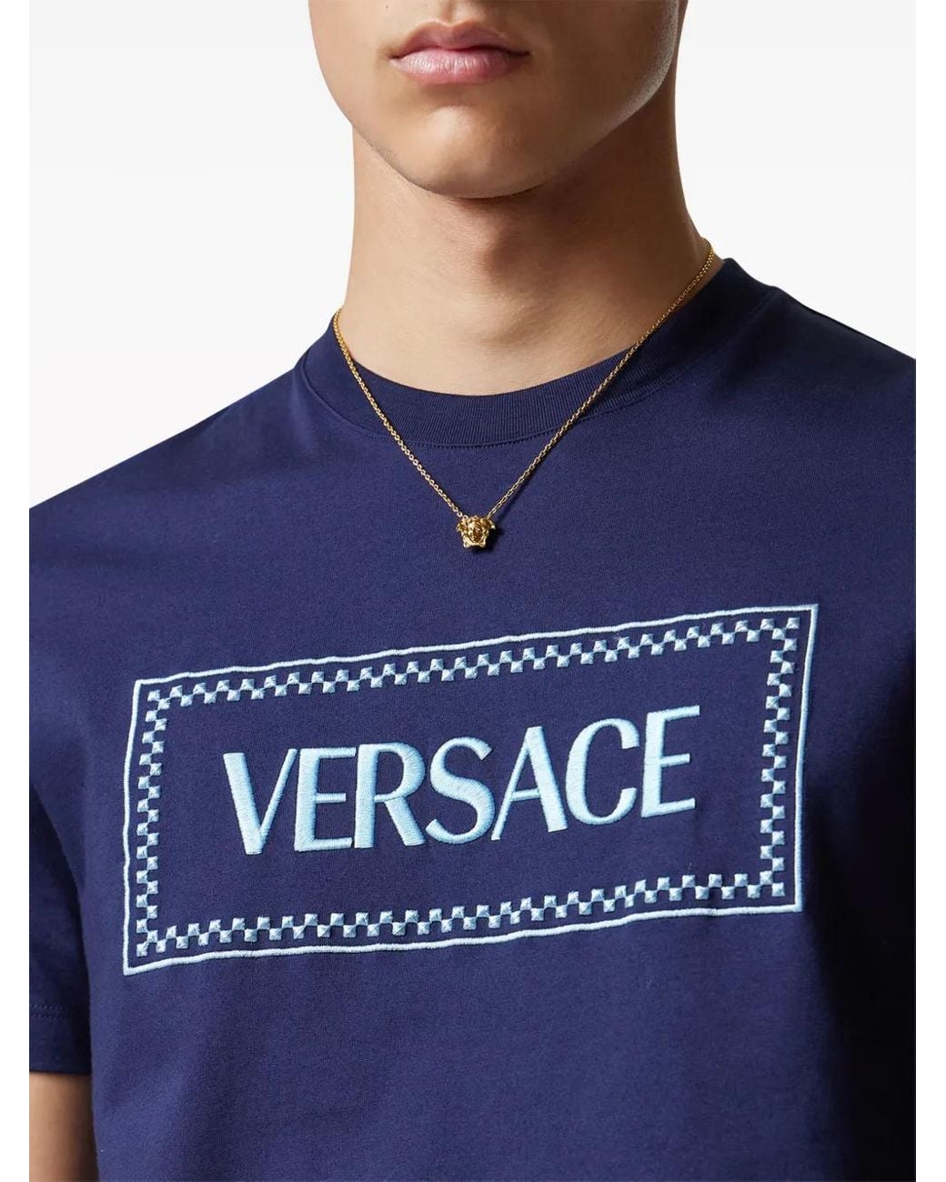 Versace Blue T-Shirt Con Logo Ricamato for men