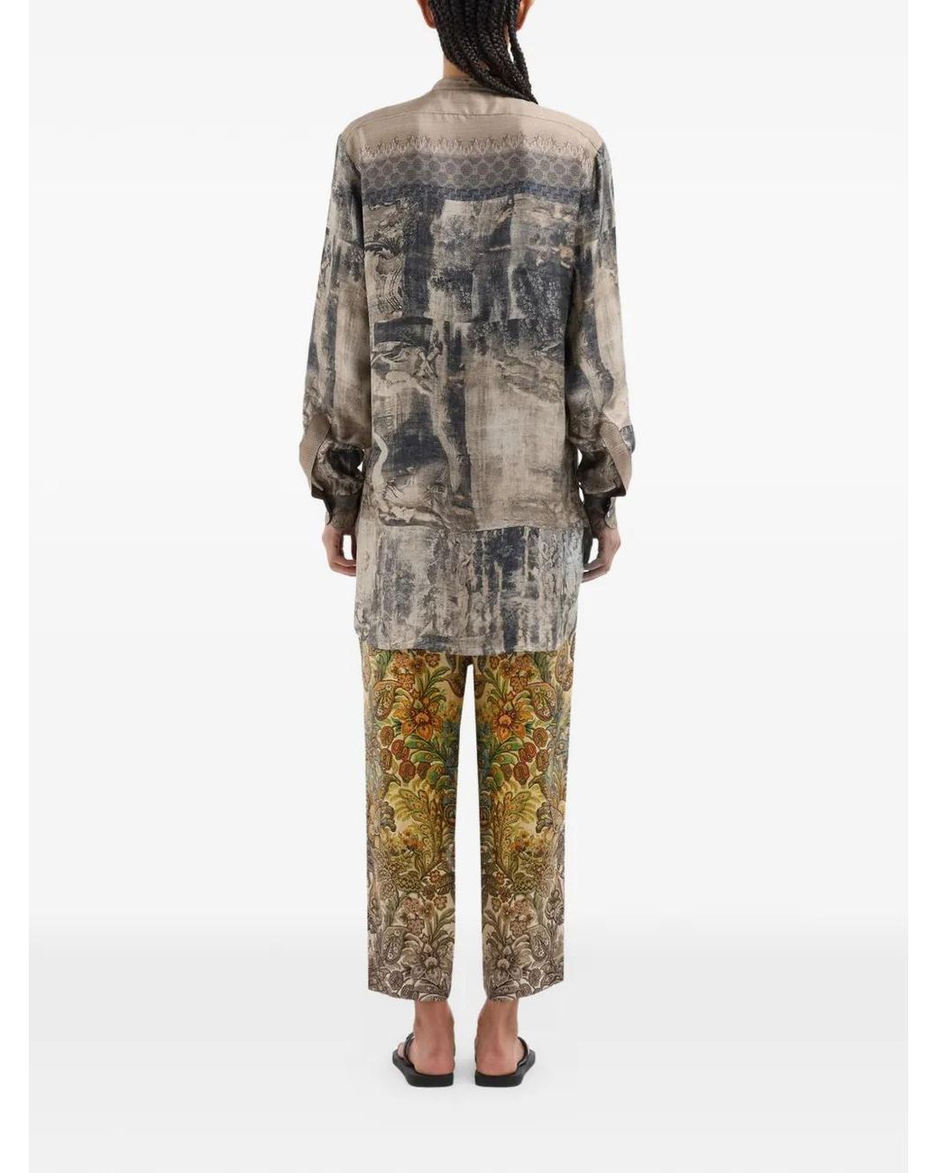 Pierre Louis Mascia Gray Aloe Band Collar Tapestry Print Longsleeve Shirt