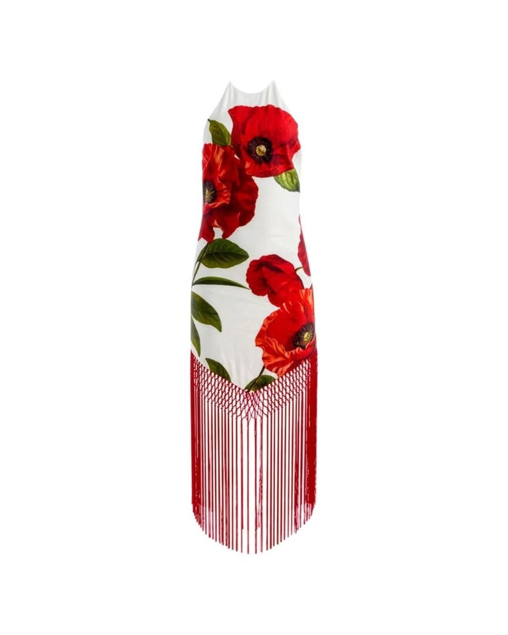 Alice + Olivia Red Mallory Halterneck Fringe-Hem Midi Dress