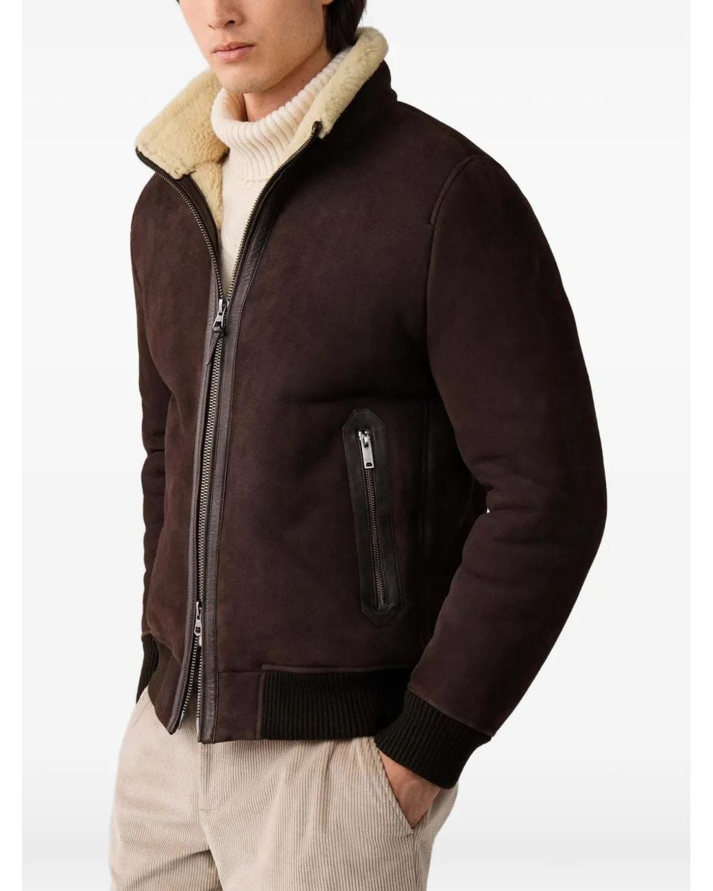 Hackett Brown Shearling-Collar Bomber Jacket for men