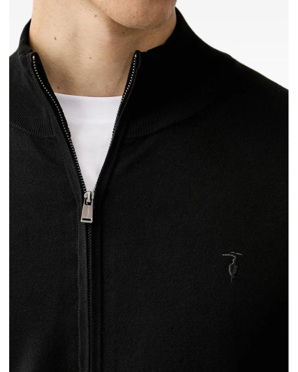 Trussardi Black Zip-Up Embroidered-Logo Cardigan for men