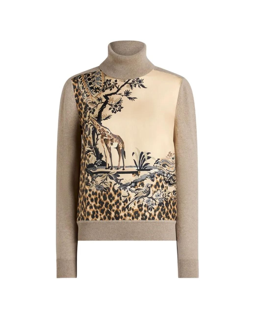 Etro White Wool-Blend Turtleneck Sweater With Placed Animal And Paisley Print