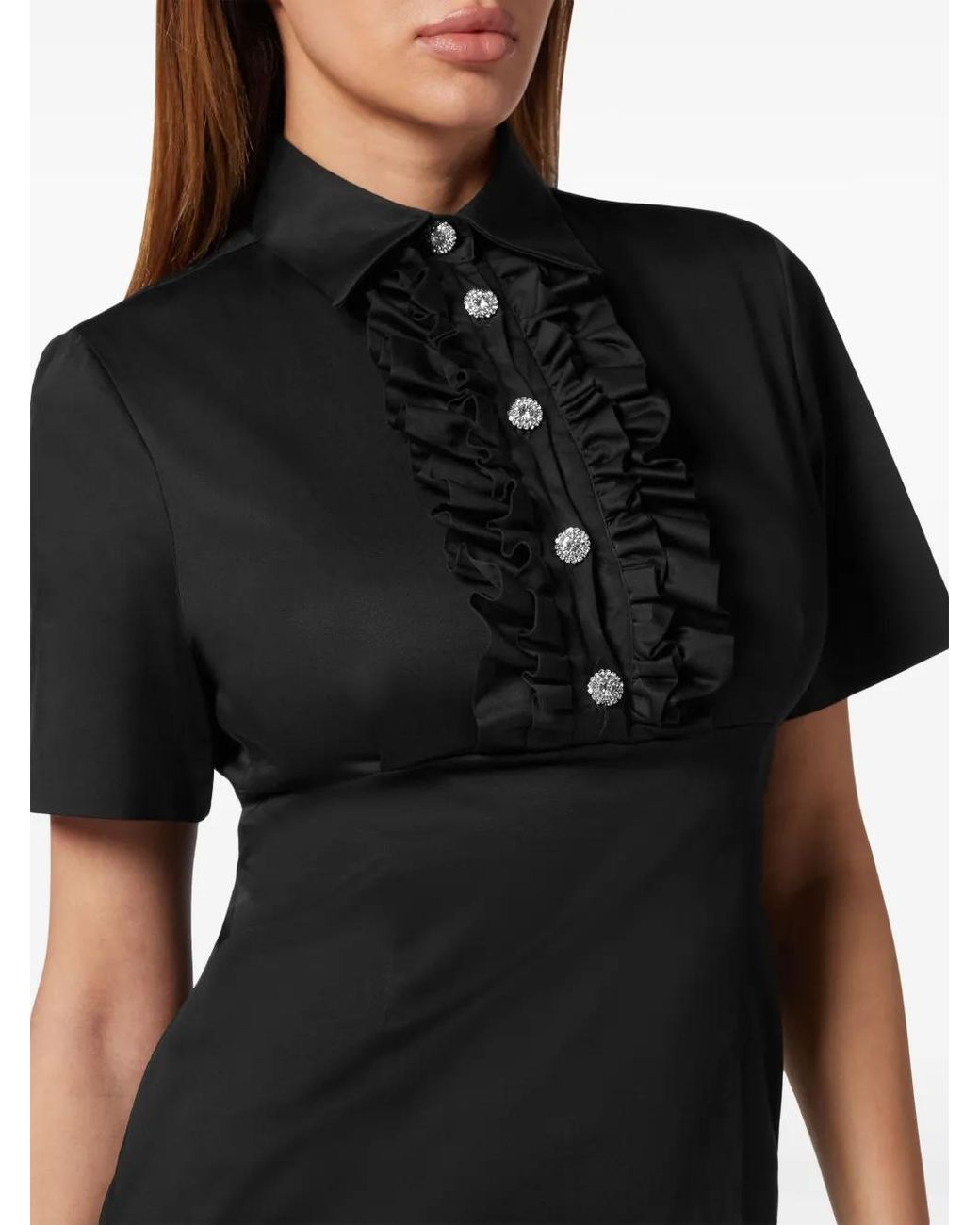 Philipp Plein Black Ruffle-Trim Short-Sleeve Minidress