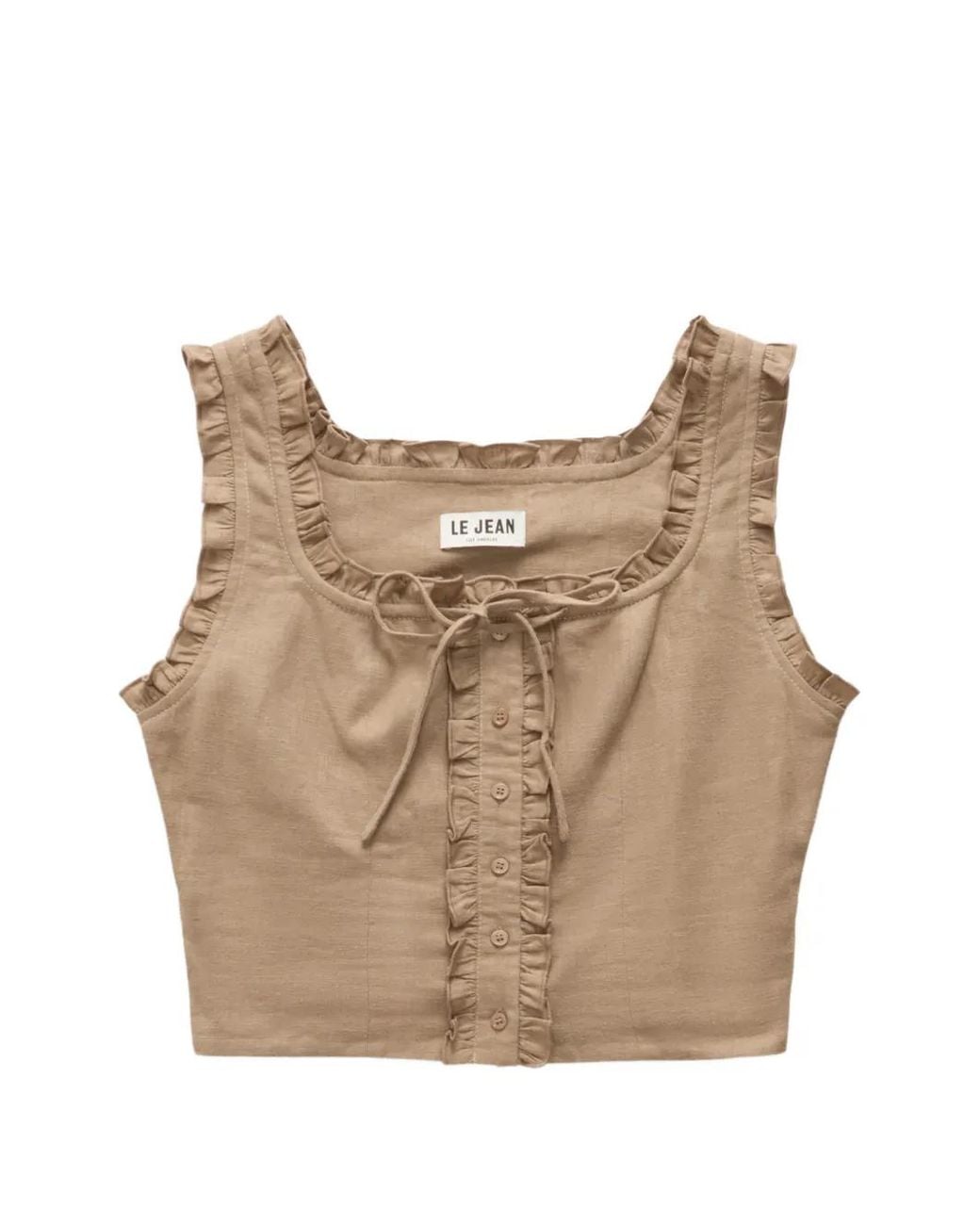 Le Jean Natural Ruffled-Trim Linen Crop Top
