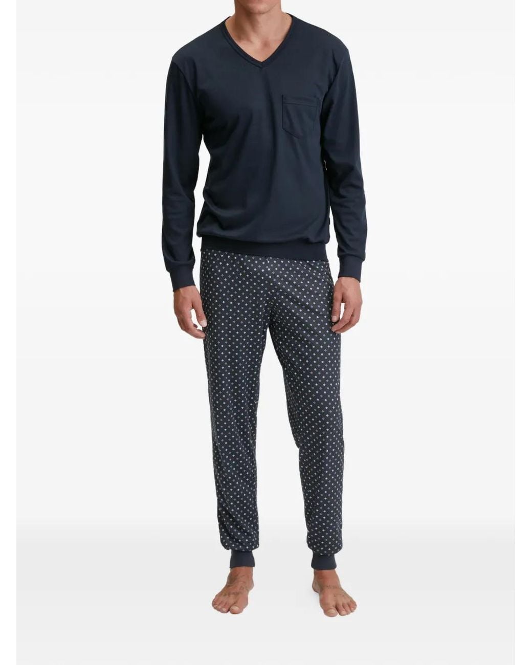 Calida Blue Chest-Pocket Patterned Pajama Set for men