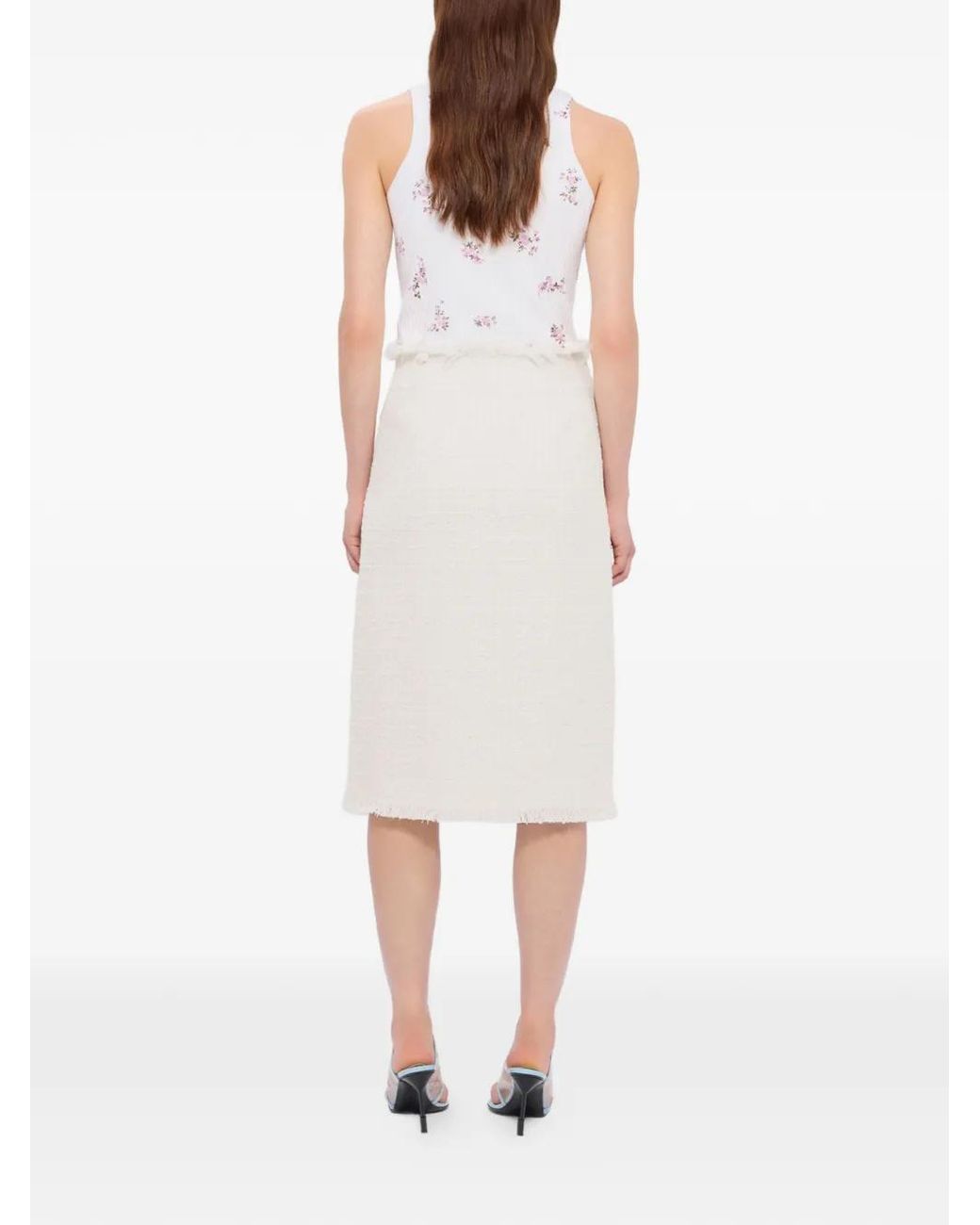 MSGM White Frayed Slit Midi Skirt