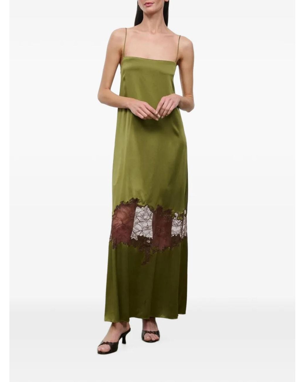Staud Green Delfina Lace-Trim Silk Dress