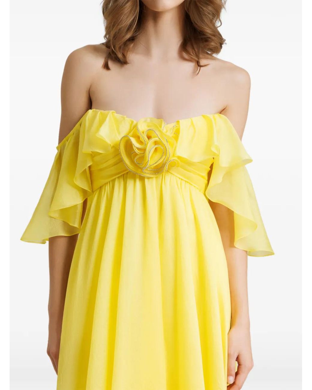 Gemy Maalouf Yellow Floral-Applique Ruffled Dress