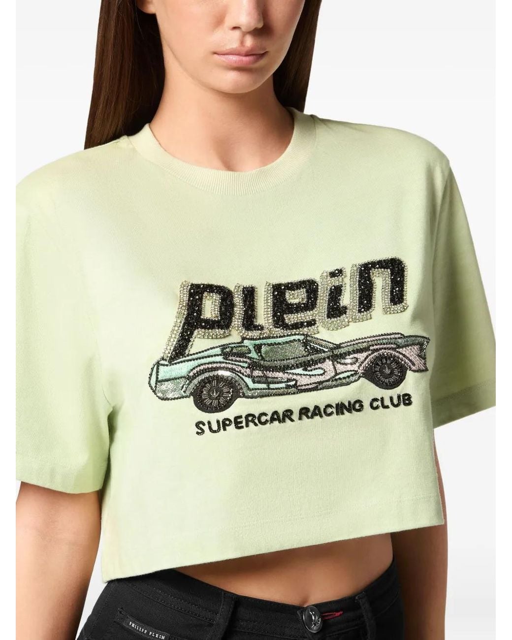Philipp Plein Green Car Cropped T-Shirt