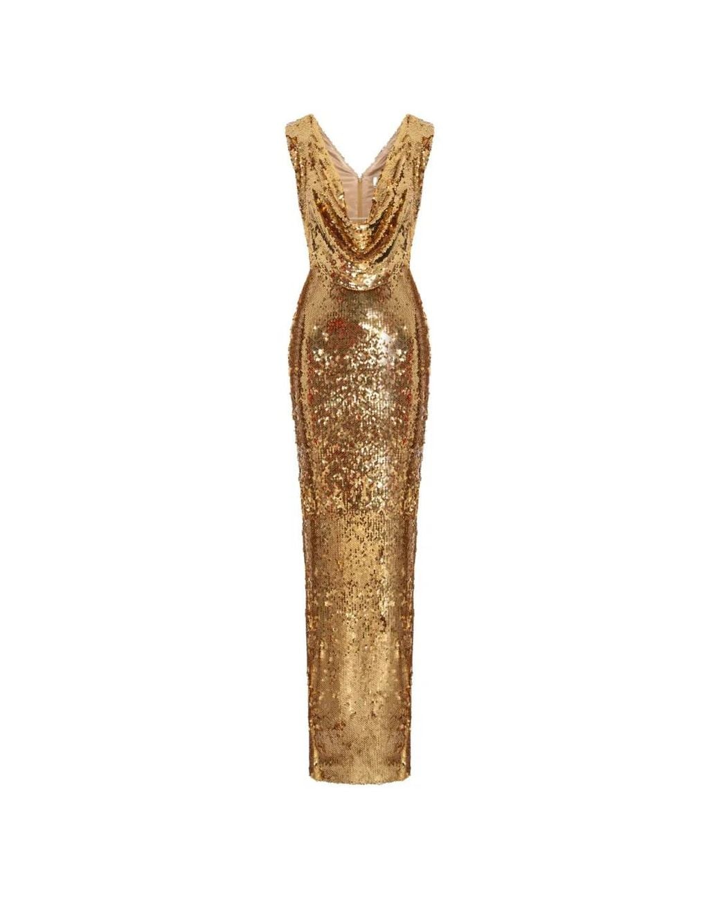 V:PM ATELIER Metallic Moore Sequin-Embellished Cowl-Neck Maxi Dress