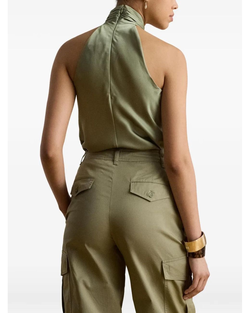 Ralph Lauren Green Twist-Front Charmeuse Halter Blouse