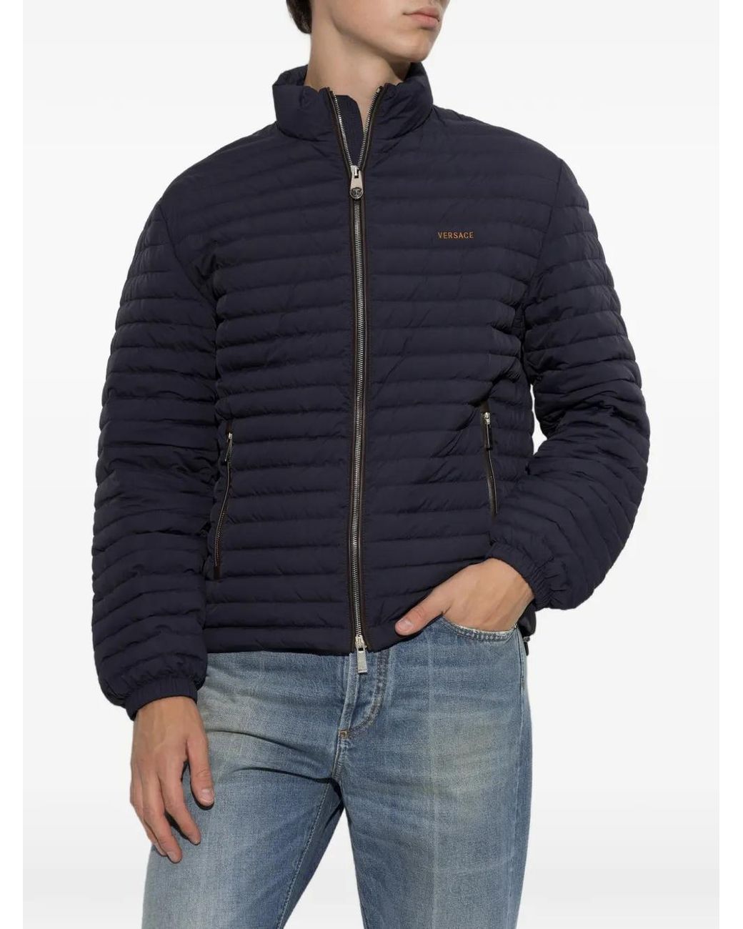Versace Blue Logo-Embroidered Puffer Jacket for men