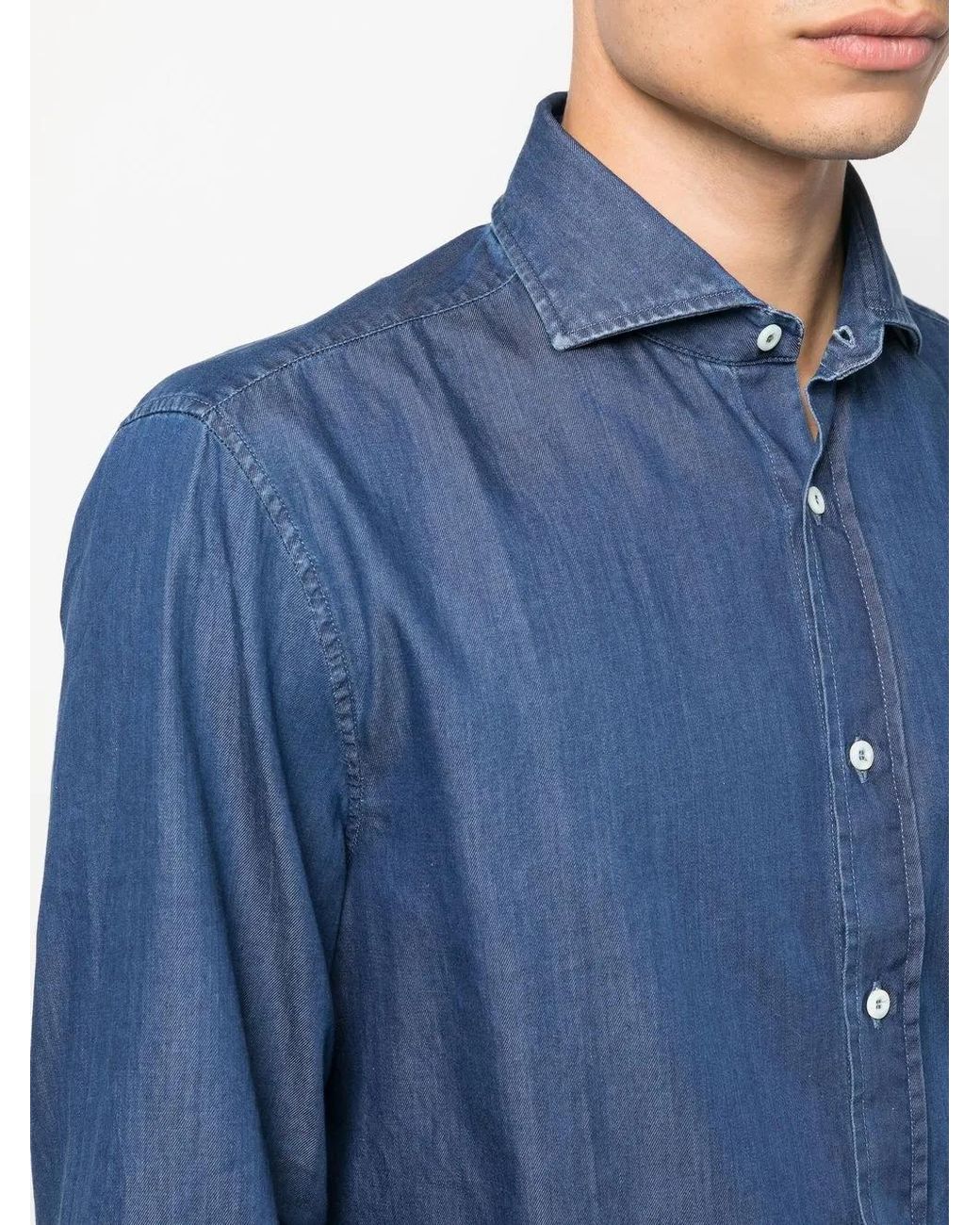 Brunello Cucinelli Blue Long-Sleeved Cotton Shirt for men