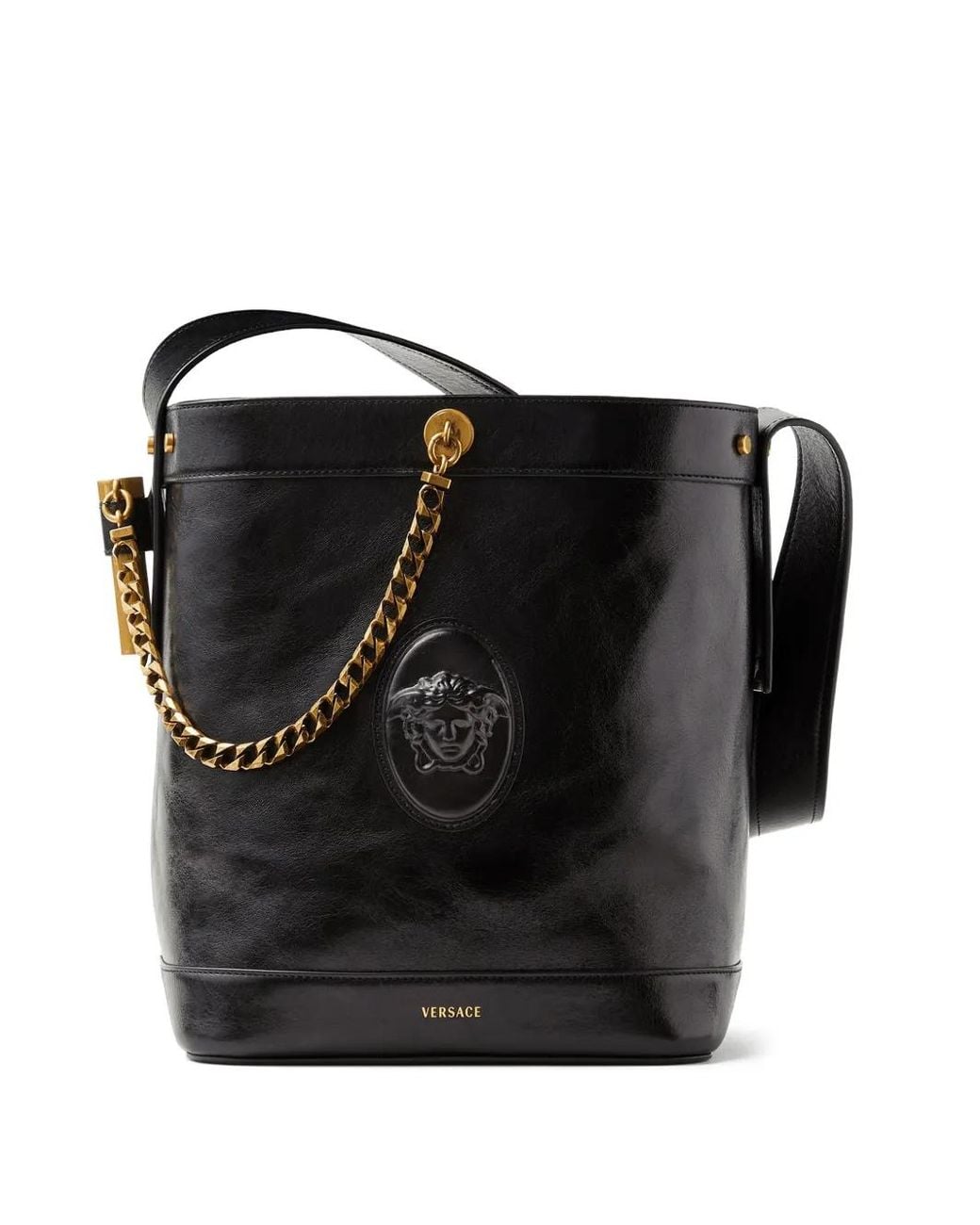 Versace Black Pivot Small Leather Bucket Bag