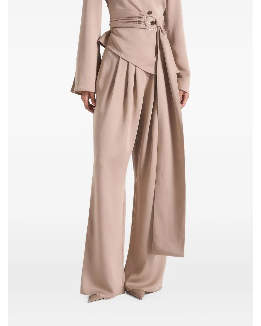 Manière De Voir Natural Aurore Mock Neck Ring Belt Pleated Leg Jumpsuit