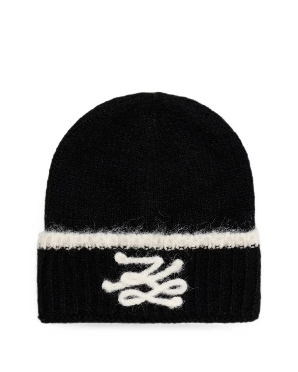 Karl Lagerfeld Black Logo-Embroidered Ribbed Beanie Hat