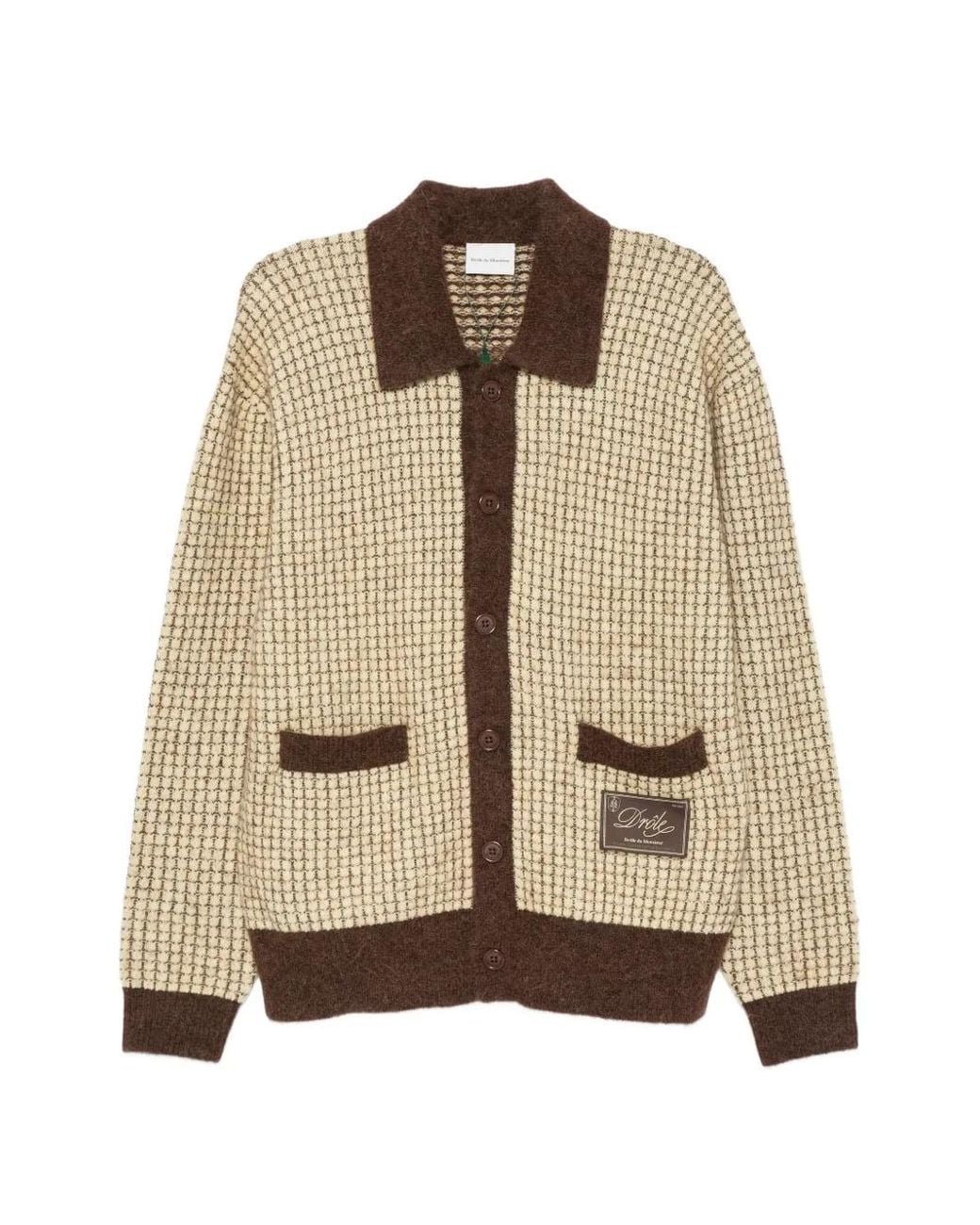Drole de Monsieur Natural Waffle-Knit Logo-Patch Cardigan for men