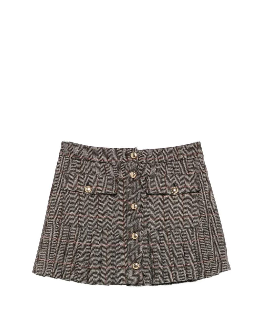 Maje Gray Check-Pattern Mini Pleated Skirt