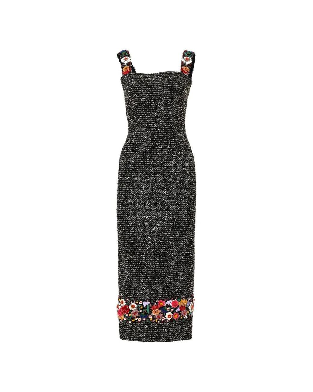 Carolina Herrera White Floral-Embroidered Tweed Midi Dress