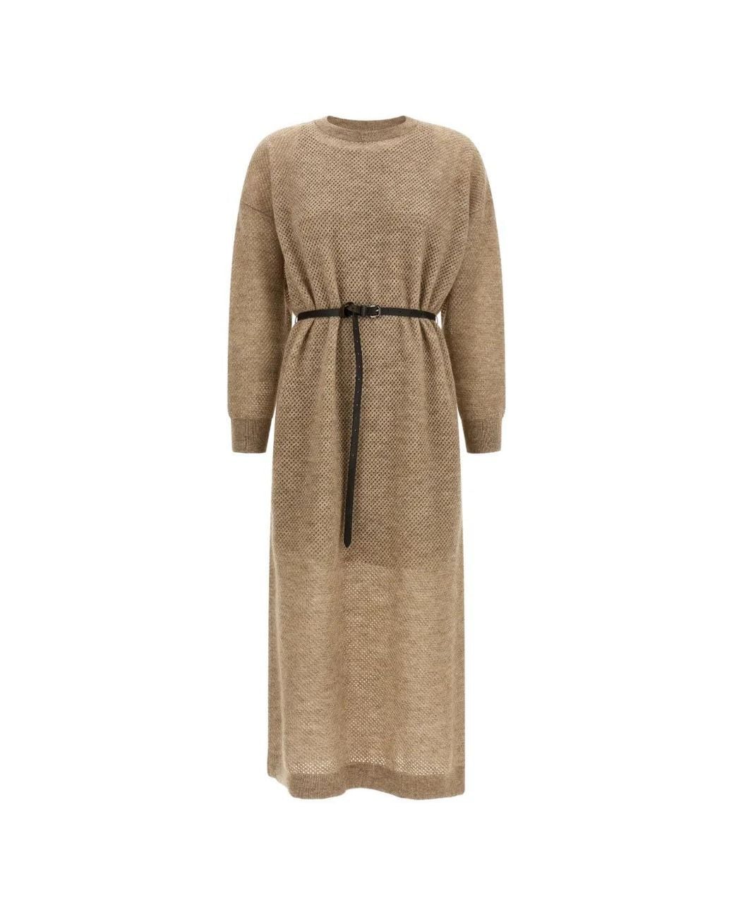 Brunello Cucinelli Natural Robe Mi-Longue En Résille À Taille Ceinturée
