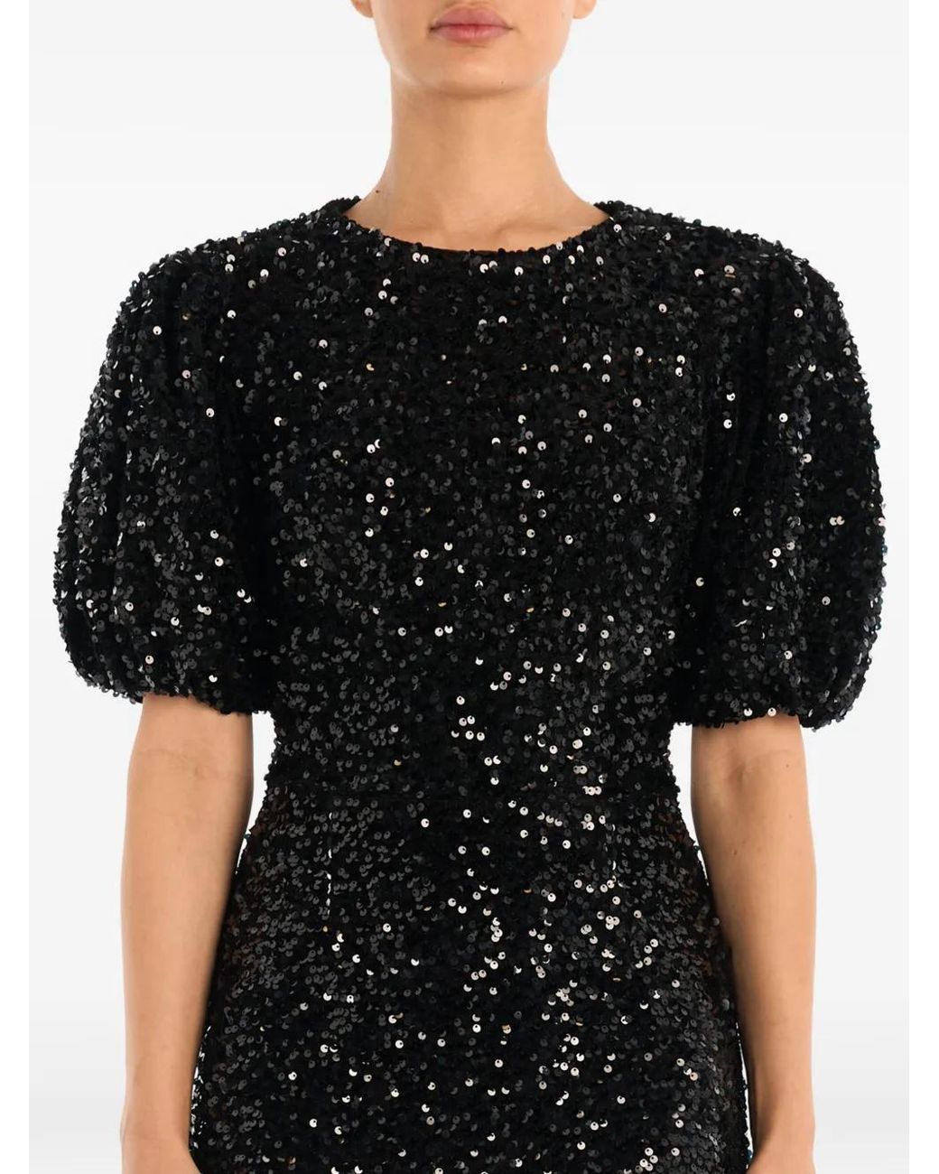 POST MERIDIEM Black Sequin-Embellished Puff-Sleeve Midi Dress