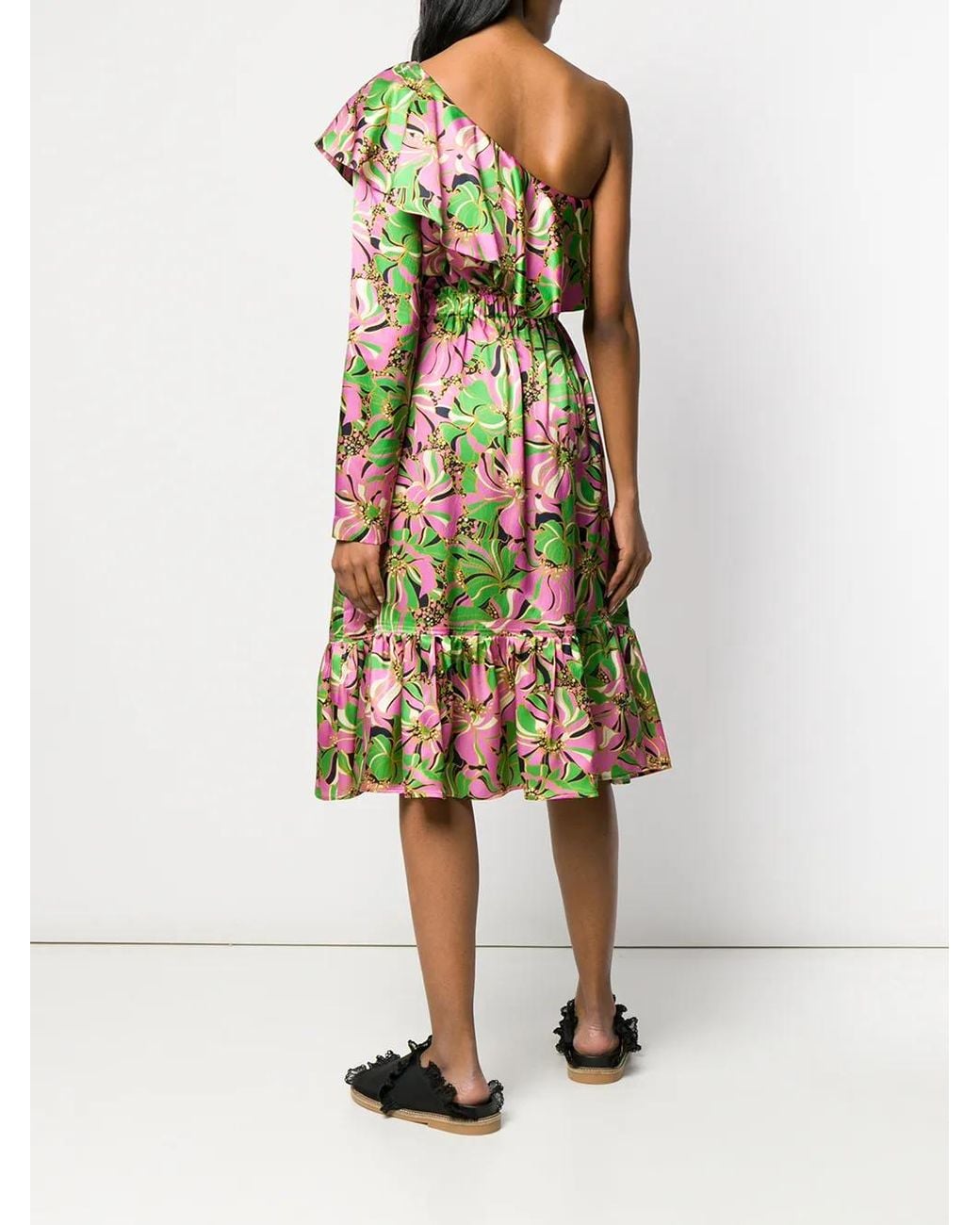 LaDoubleJ Green Boogie Floral-print Ruffle One-shoulder Silk Dress