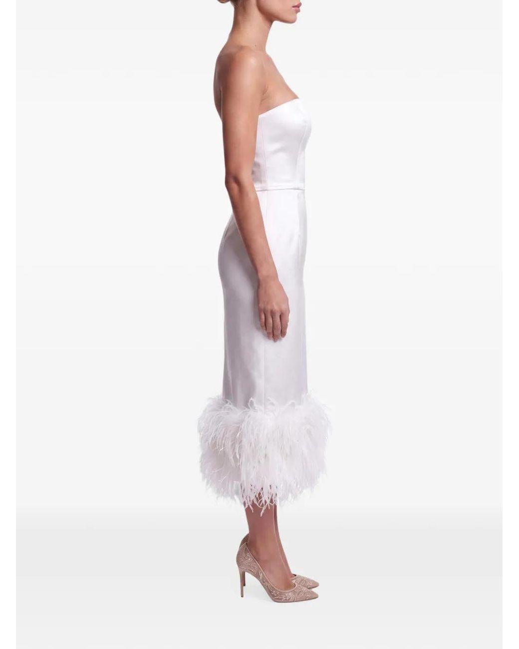 POST MERIDIEM White Feather-Trim Satin Midi Dress