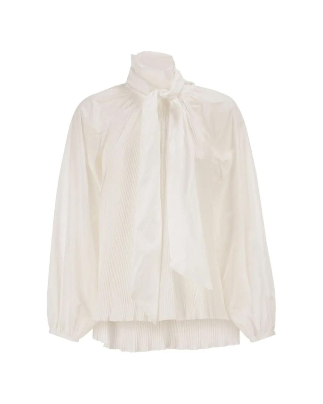 Max Mara White Pleated Neck-Bow Blouse
