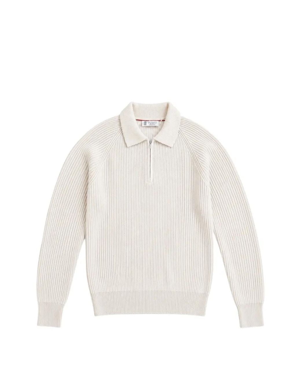 Brunello Cucinelli White Cashmere Vanisé English Rib Knit Polo Shirt With Half-Zip for men