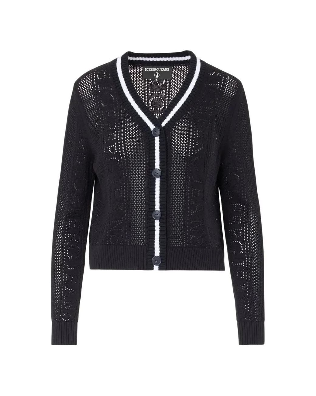 Iceberg Blue Logo-Pointelle Striped-Trim Cardigan