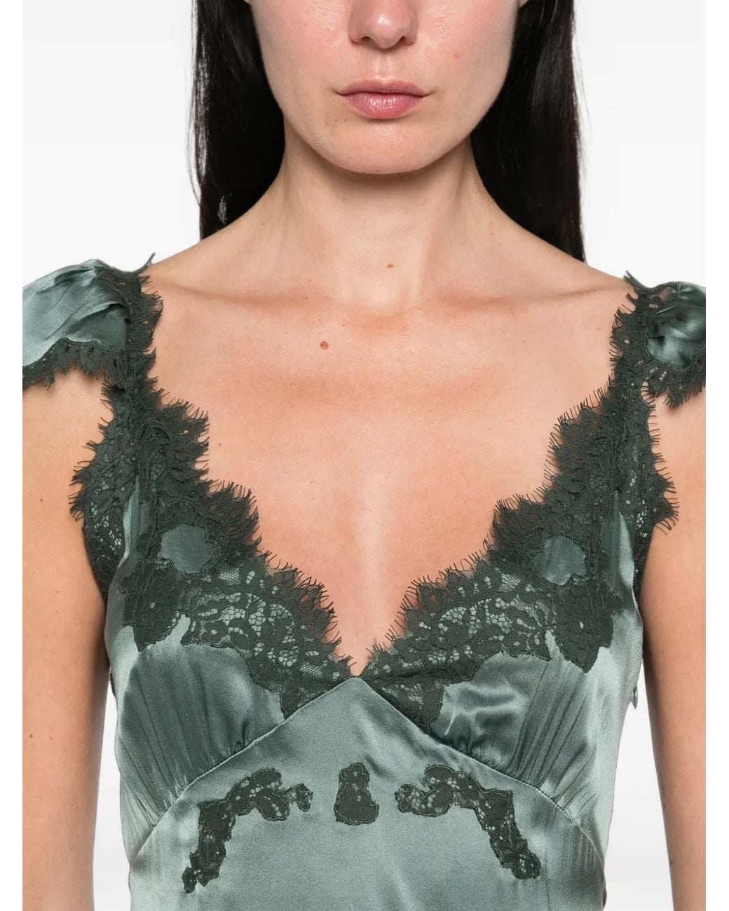 Doen Green Fiona Lace-Trim Satin Midi Dress