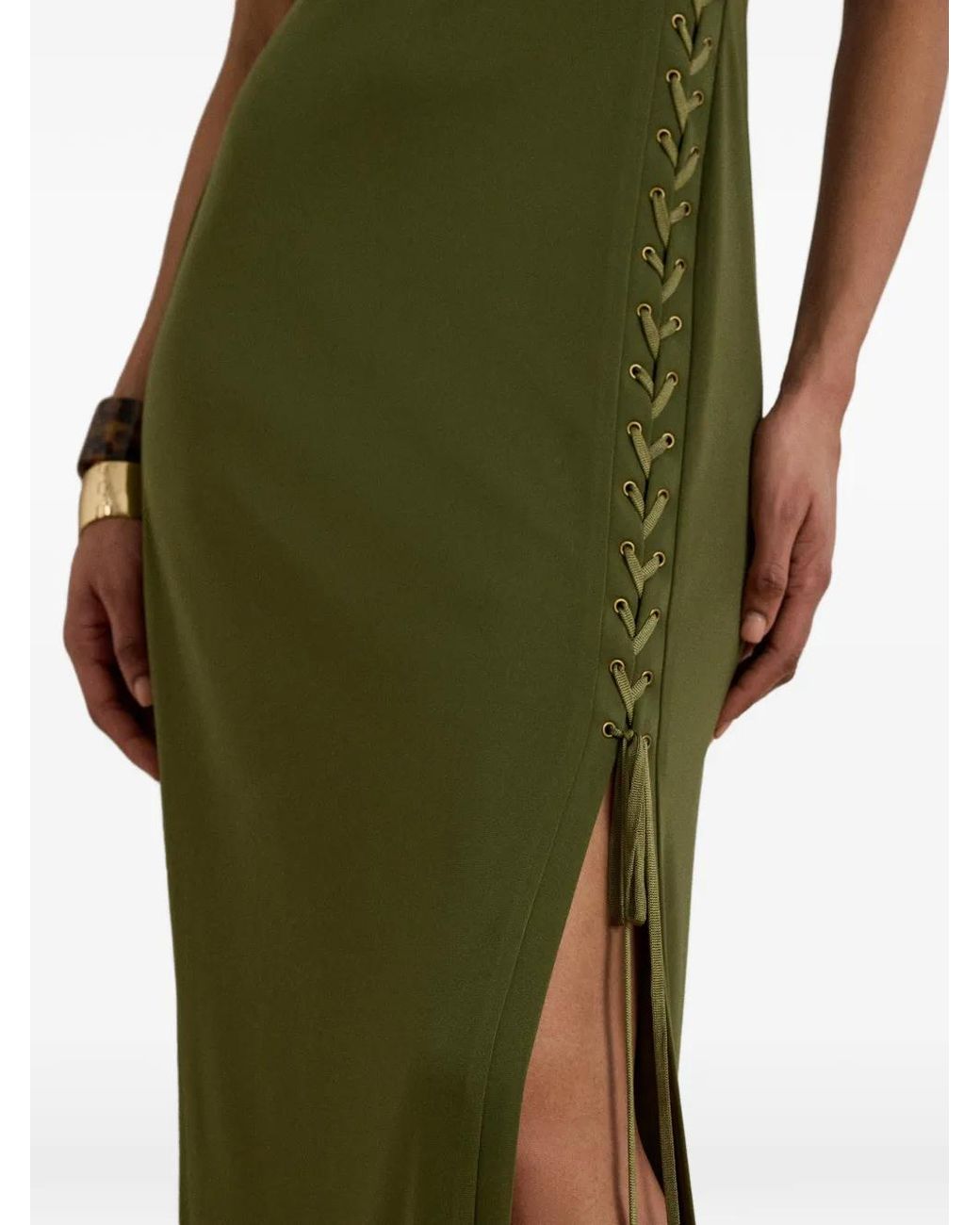 Ralph Lauren Green Lace-Up Jersey Maxi Dres